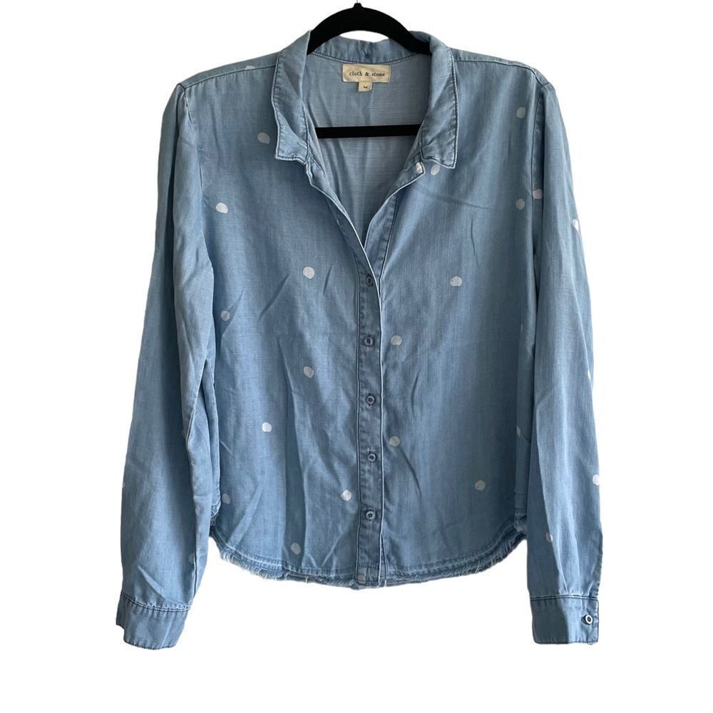 ANTHRO Cloth & Stone Blue White Polka Dot Chambray Blouse M